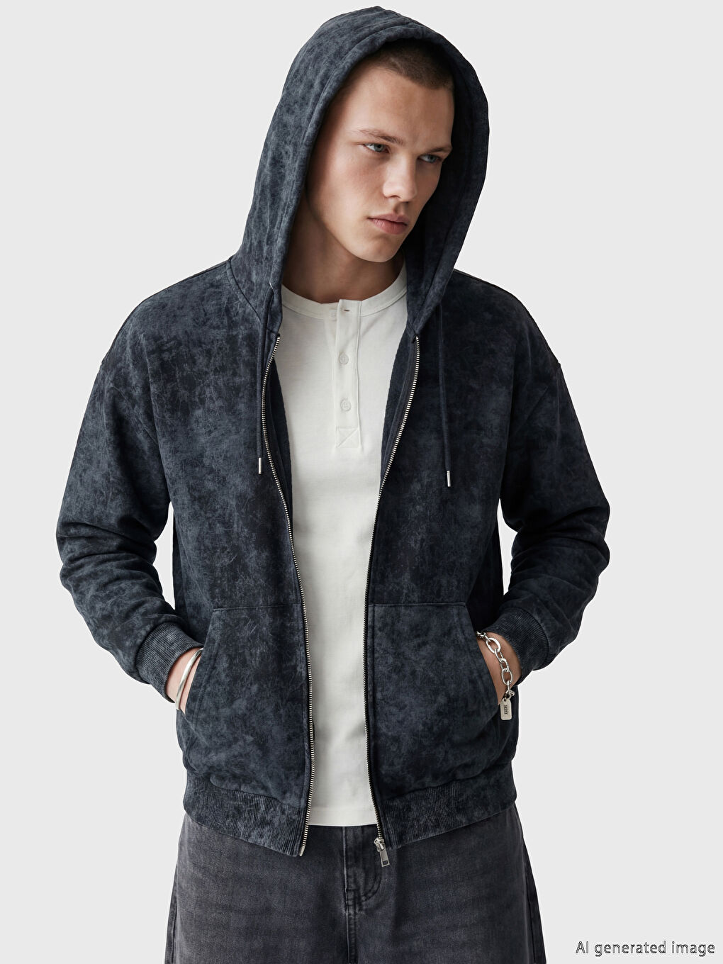 Antrasit Oversize Kapüşonlu Erkek Fermuarlı Sweatshirt