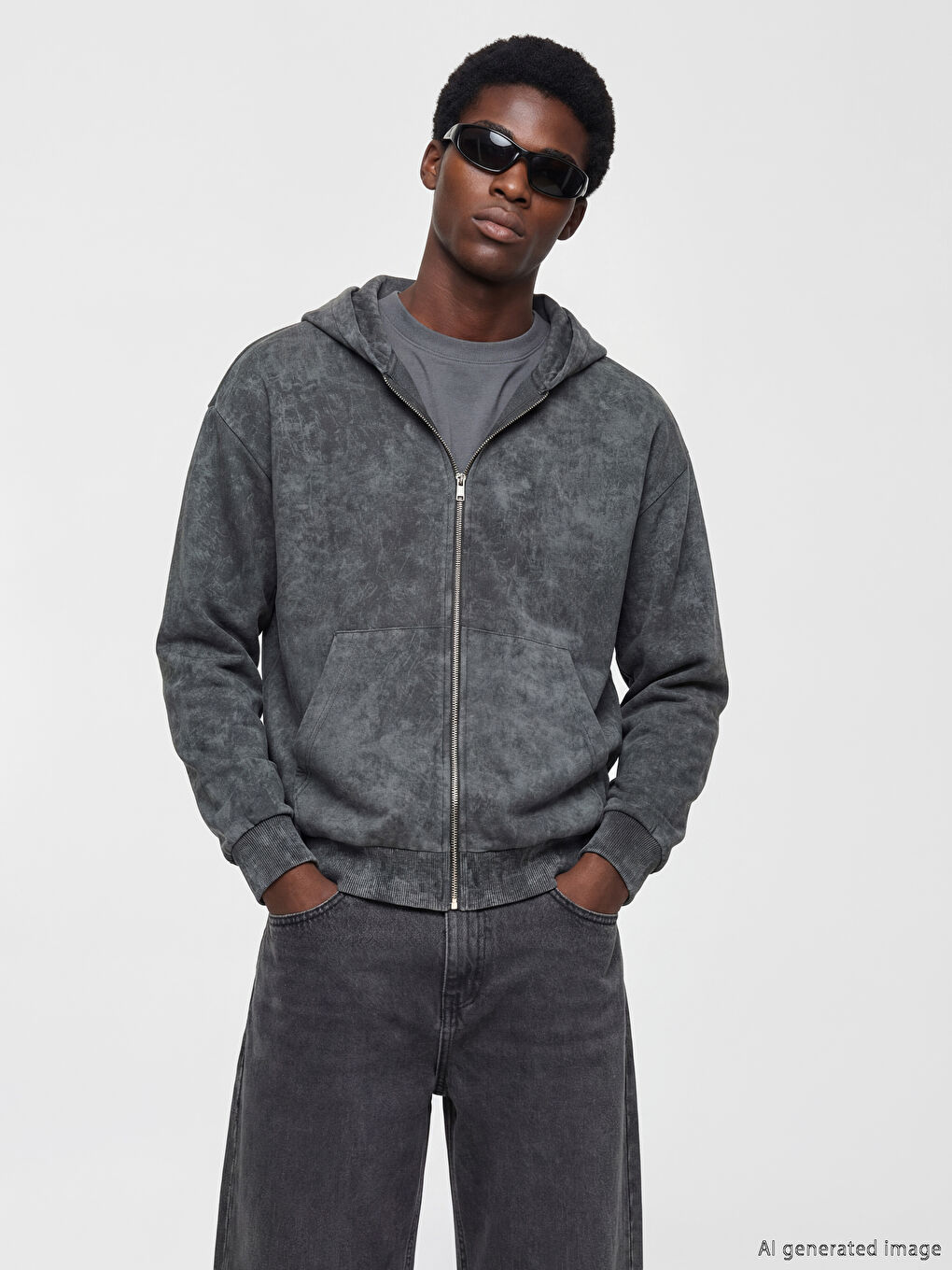 Gri Oversize Kapüşonlu Erkek Fermuarlı Sweatshirt
