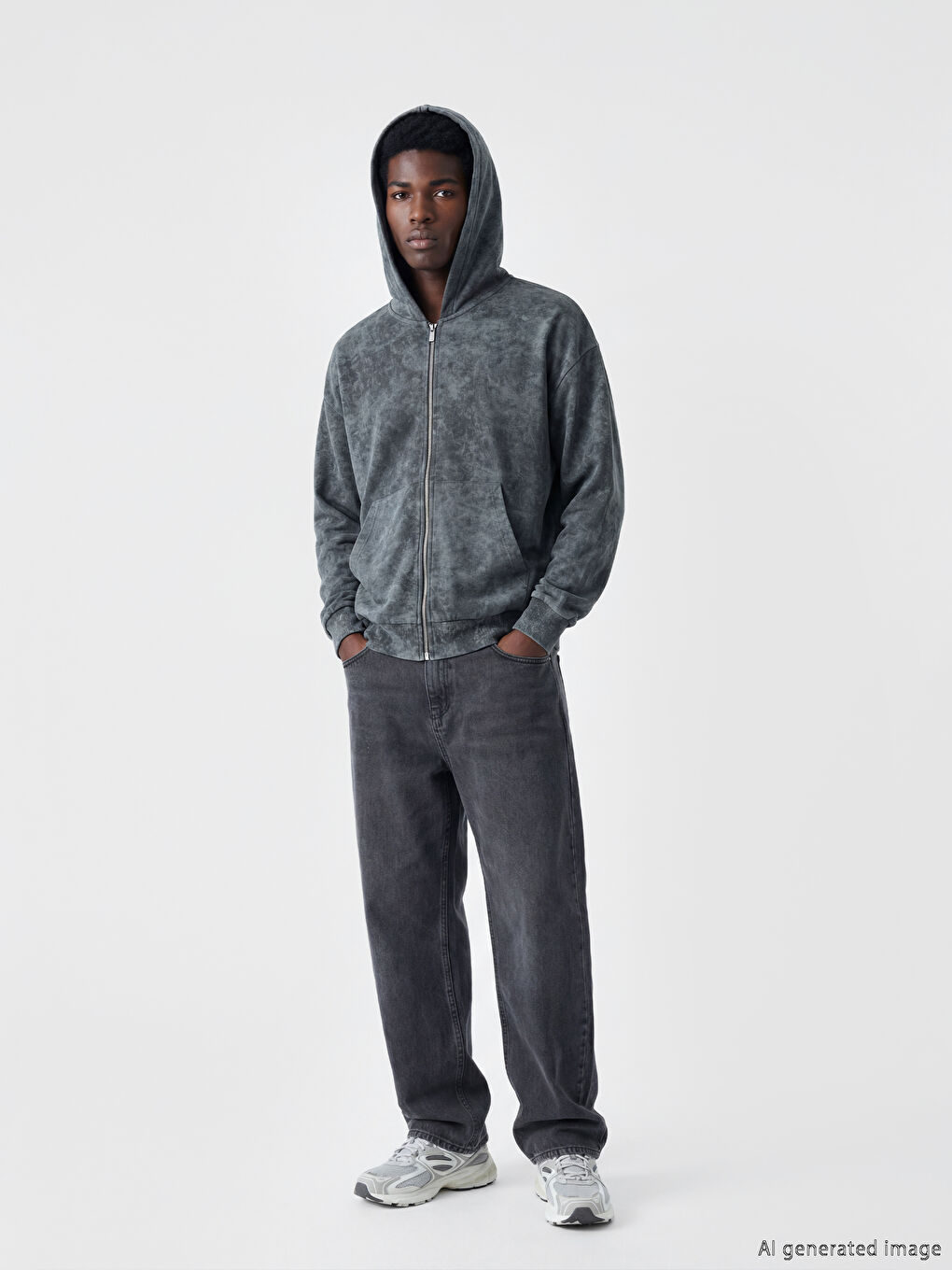 Gri Oversize Kapüşonlu Erkek Fermuarlı Sweatshirt-1