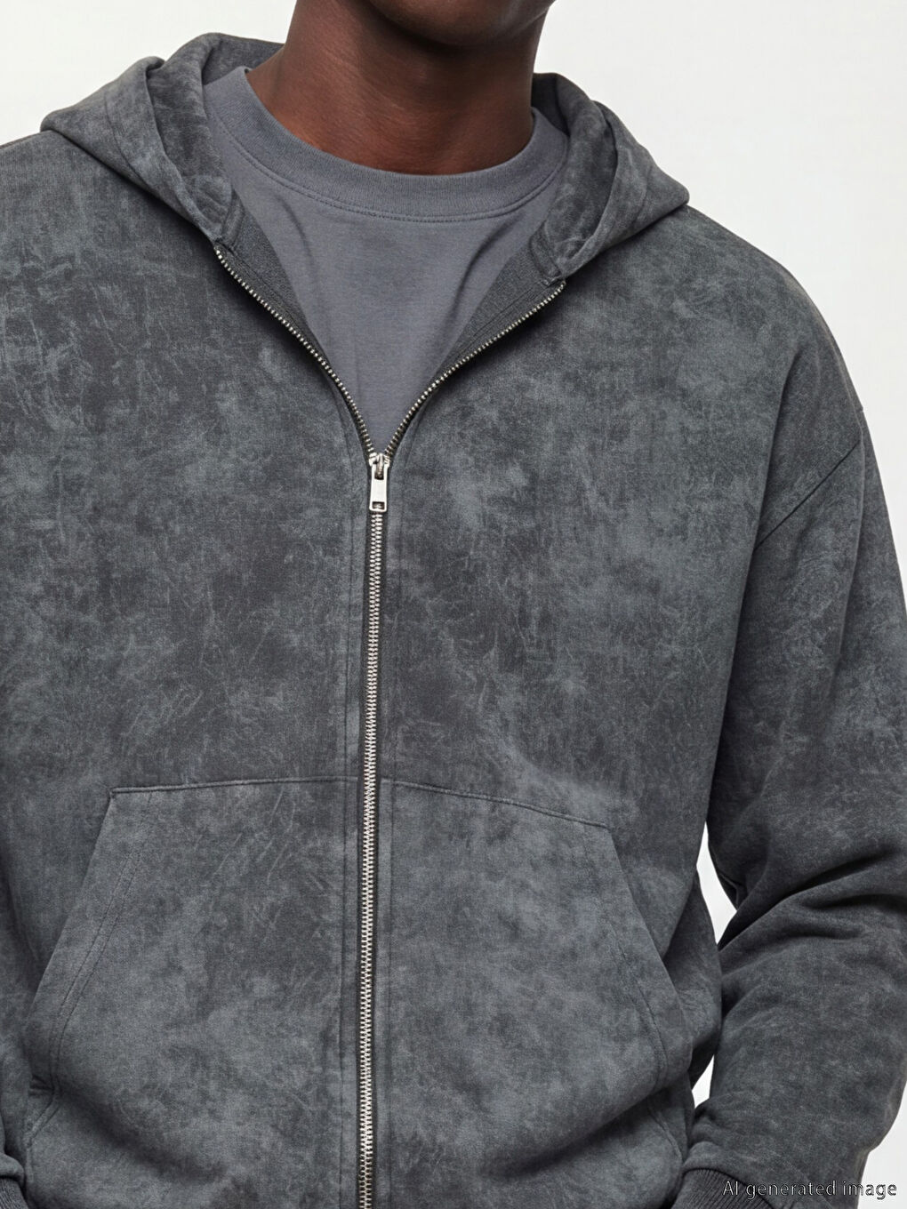 Gri Oversize Kapüşonlu Erkek Fermuarlı Sweatshirt-2