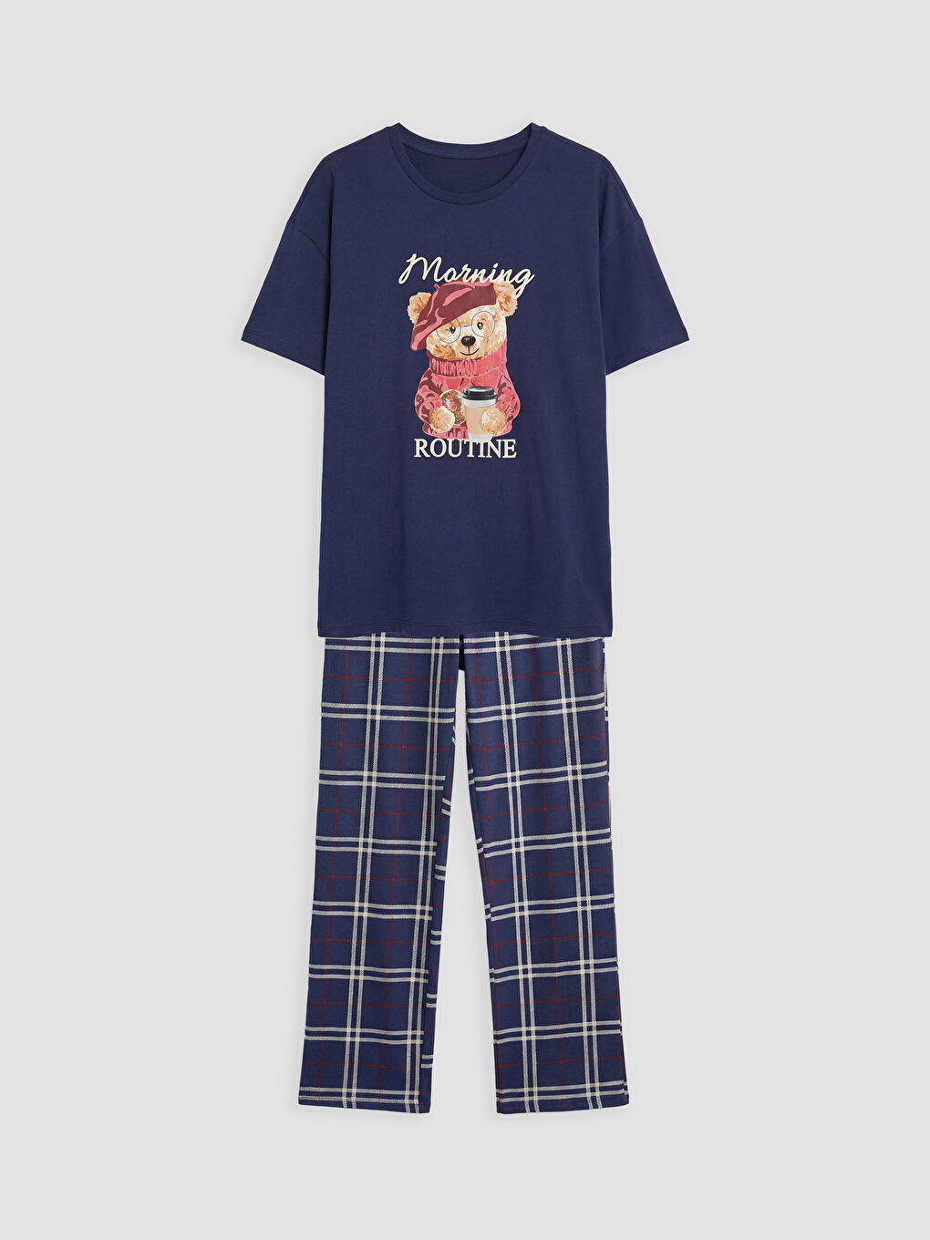 Lacivert Bisiklet Yaka Baskılı Kadın Pijama Takımı