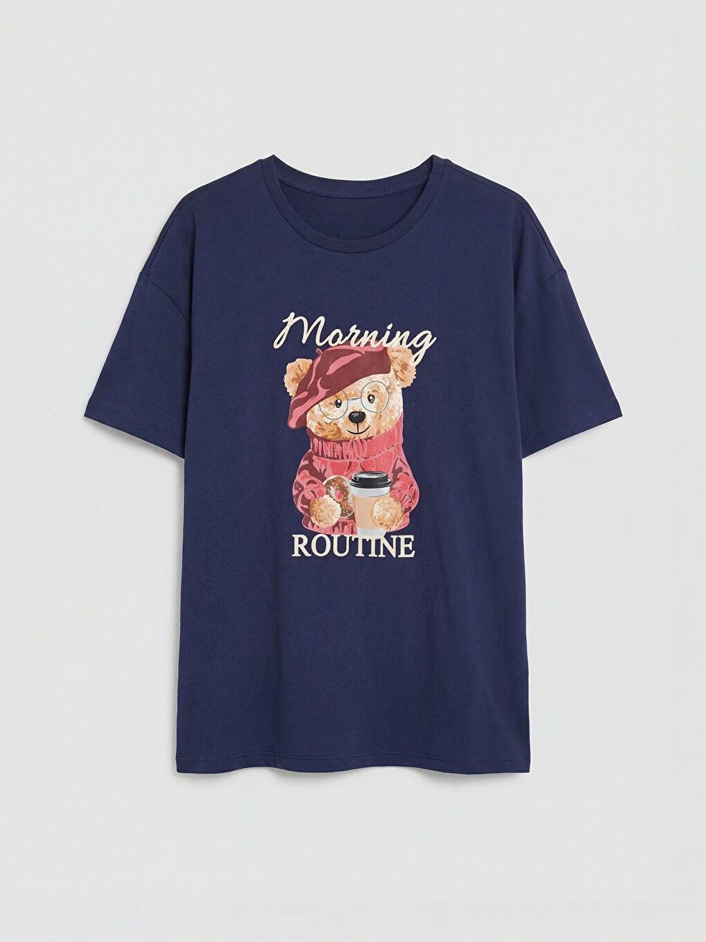 Lacivert Bisiklet Yaka Baskılı Kadın Pijama Takımı-1