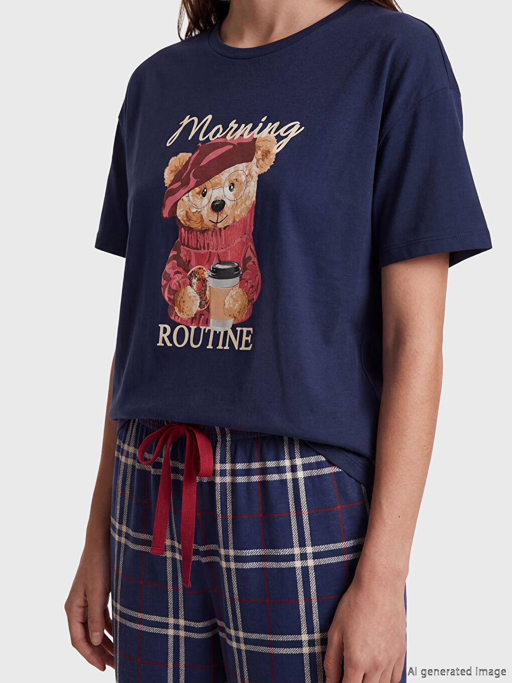 Дөңгелек жағалы принтті әйелдер пижама жинағы-1