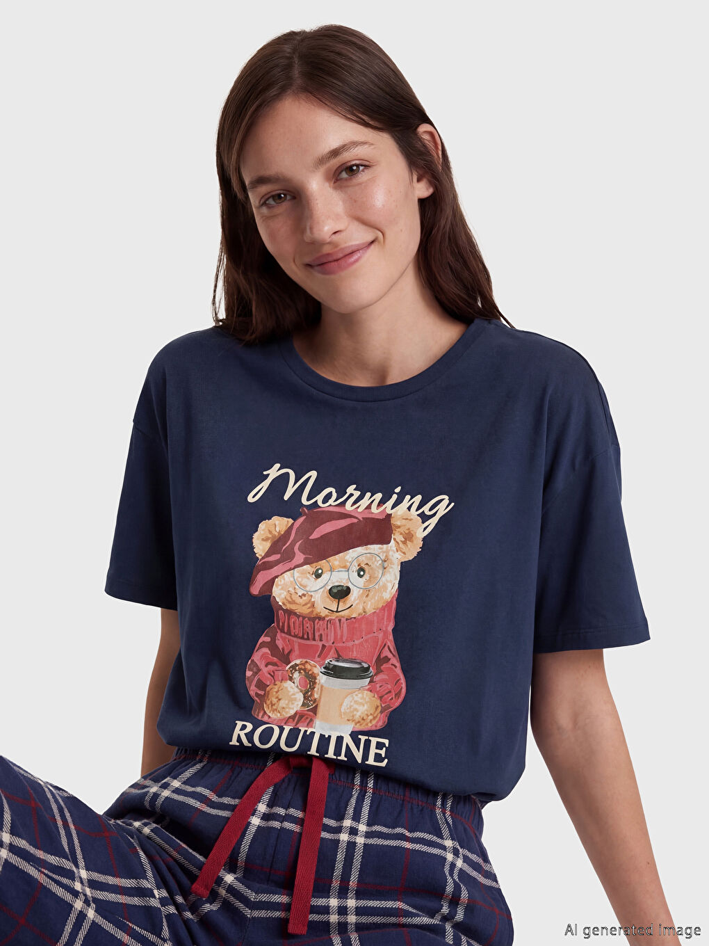 Дөңгелек жағалы принтті әйелдер пижама жинағы-2