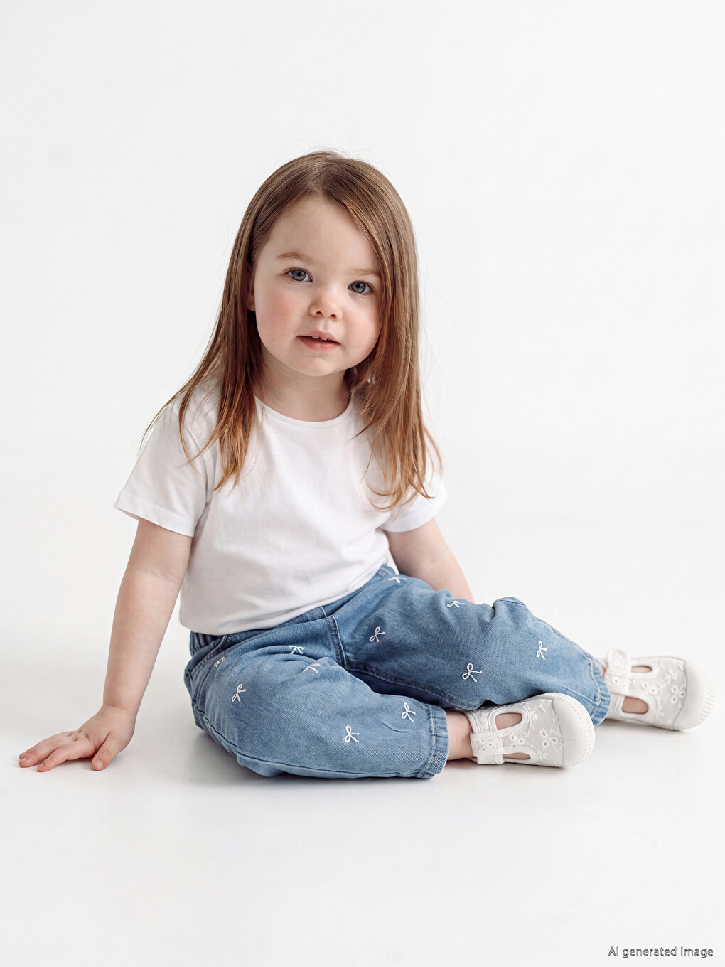 Mavi Relax Fit Kız Bebek Nakışlı Denim Pantolon