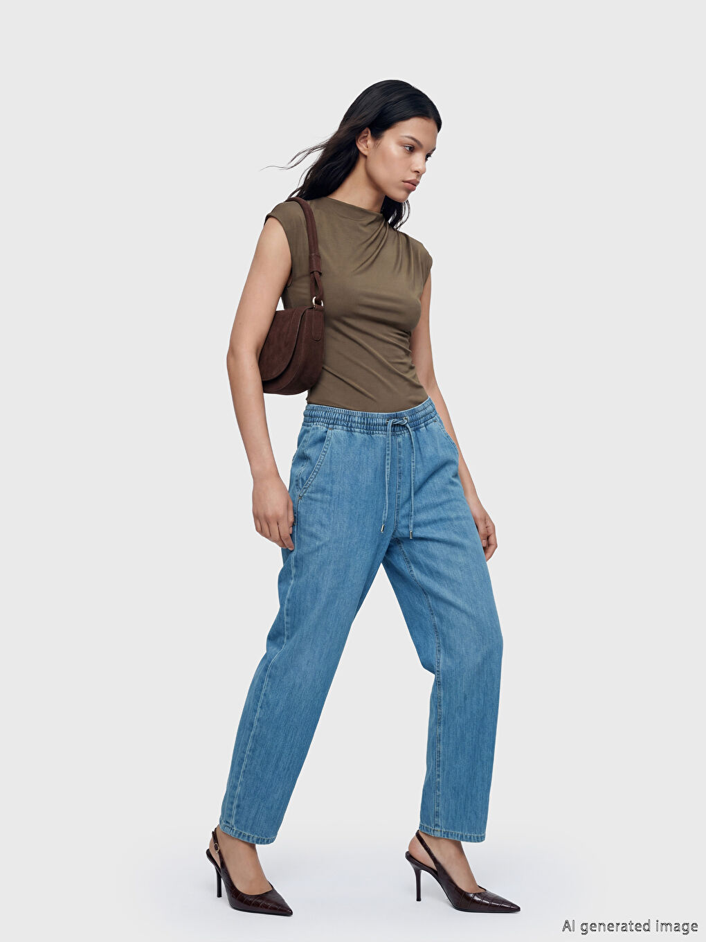 İndigo Beli Lastikli Balloon Fit Kadın Jean Pantolon