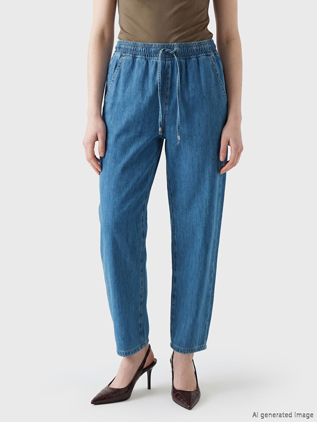 İndigo Beli Lastikli Balloon Fit Kadın Jean Pantolon-1