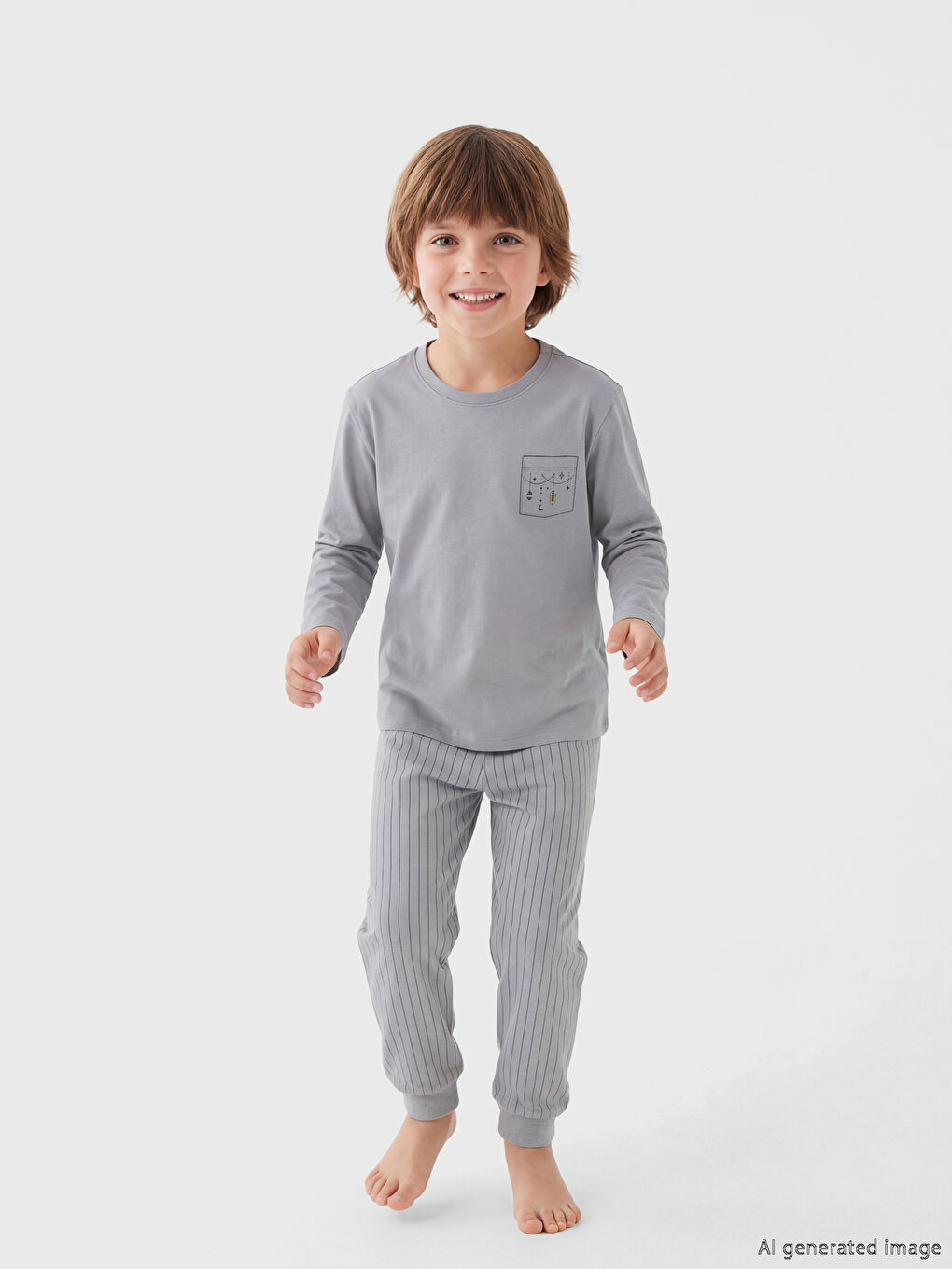 Gri Bisiklet Yaka Erkek Çocuk Pijama Takım-1