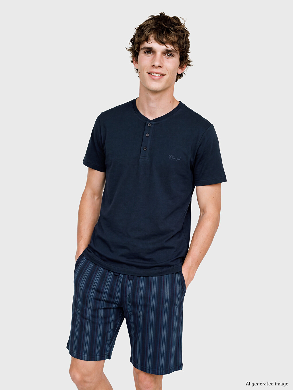 Lacivert Baskılı Erkek Şortlu Pijama Takımı-1