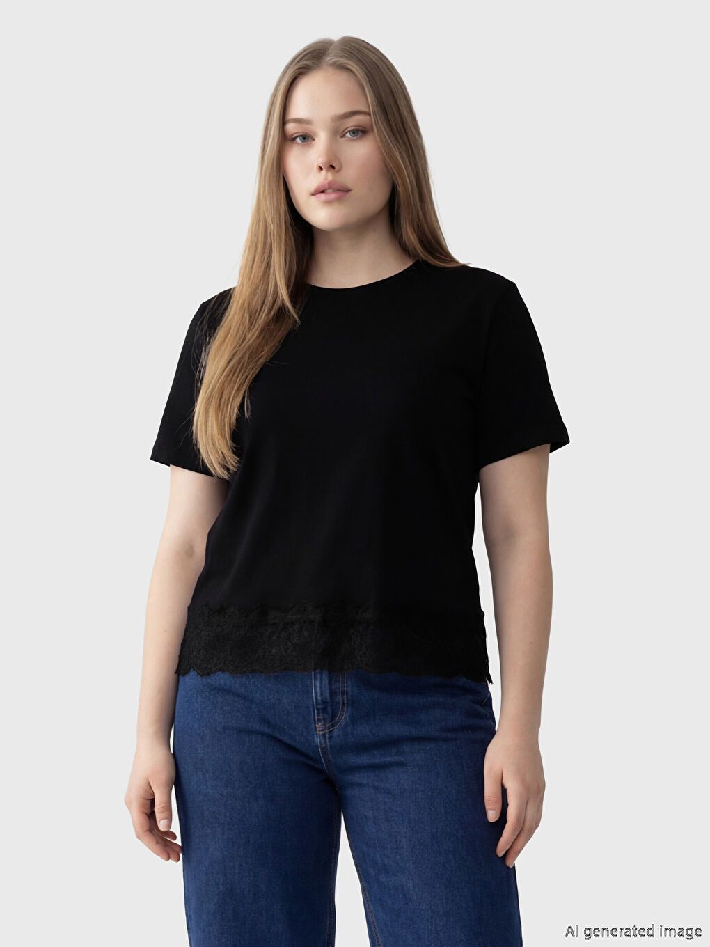 Siyah Bisiklet Yaka Dantel Detaylı Bluz