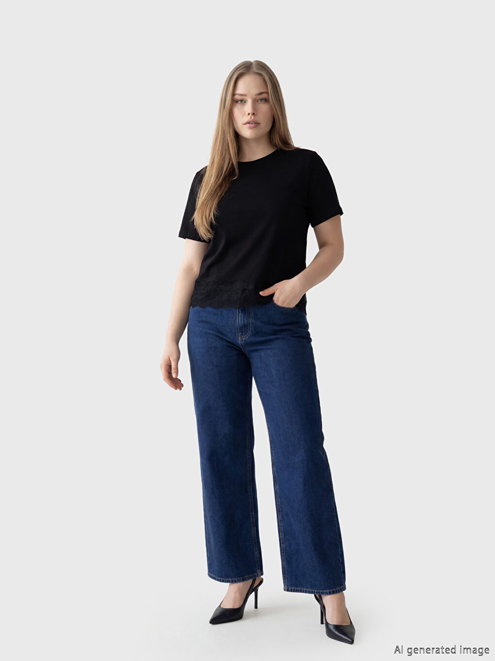 Siyah Bisiklet Yaka Dantel Detaylı Bluz-1