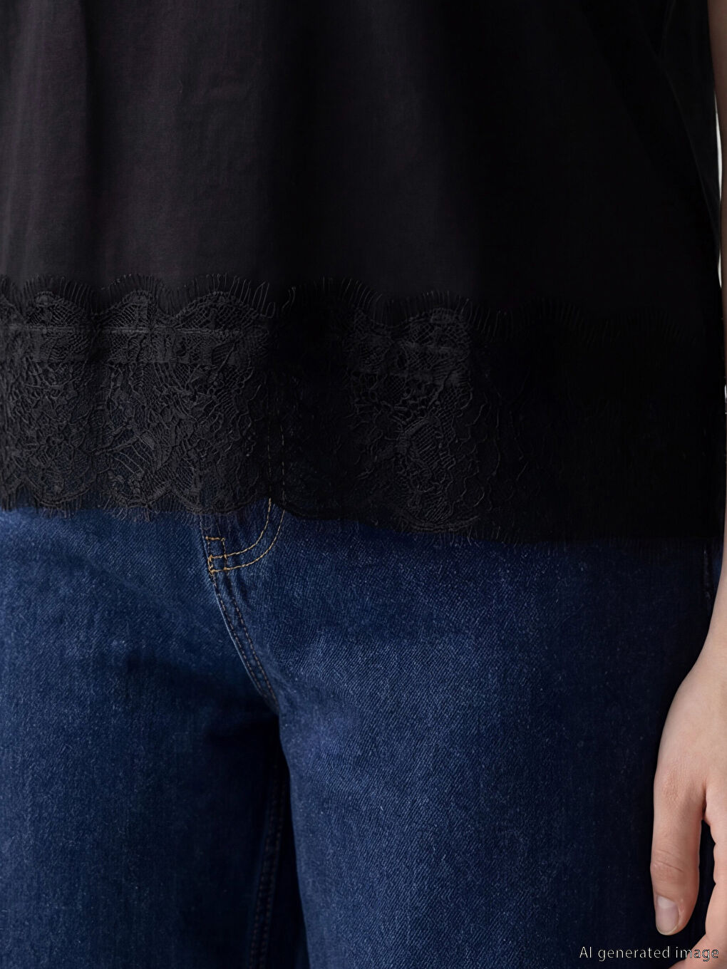 Siyah Bisiklet Yaka Dantel Detaylı Bluz-2