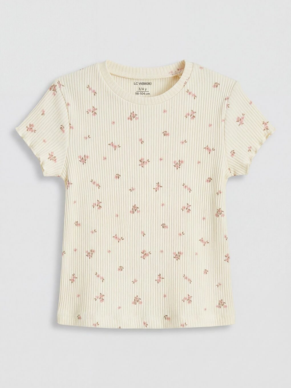 Ekru Bisiklet Yaka Çiçek Desenli Kız Bebek Tişört