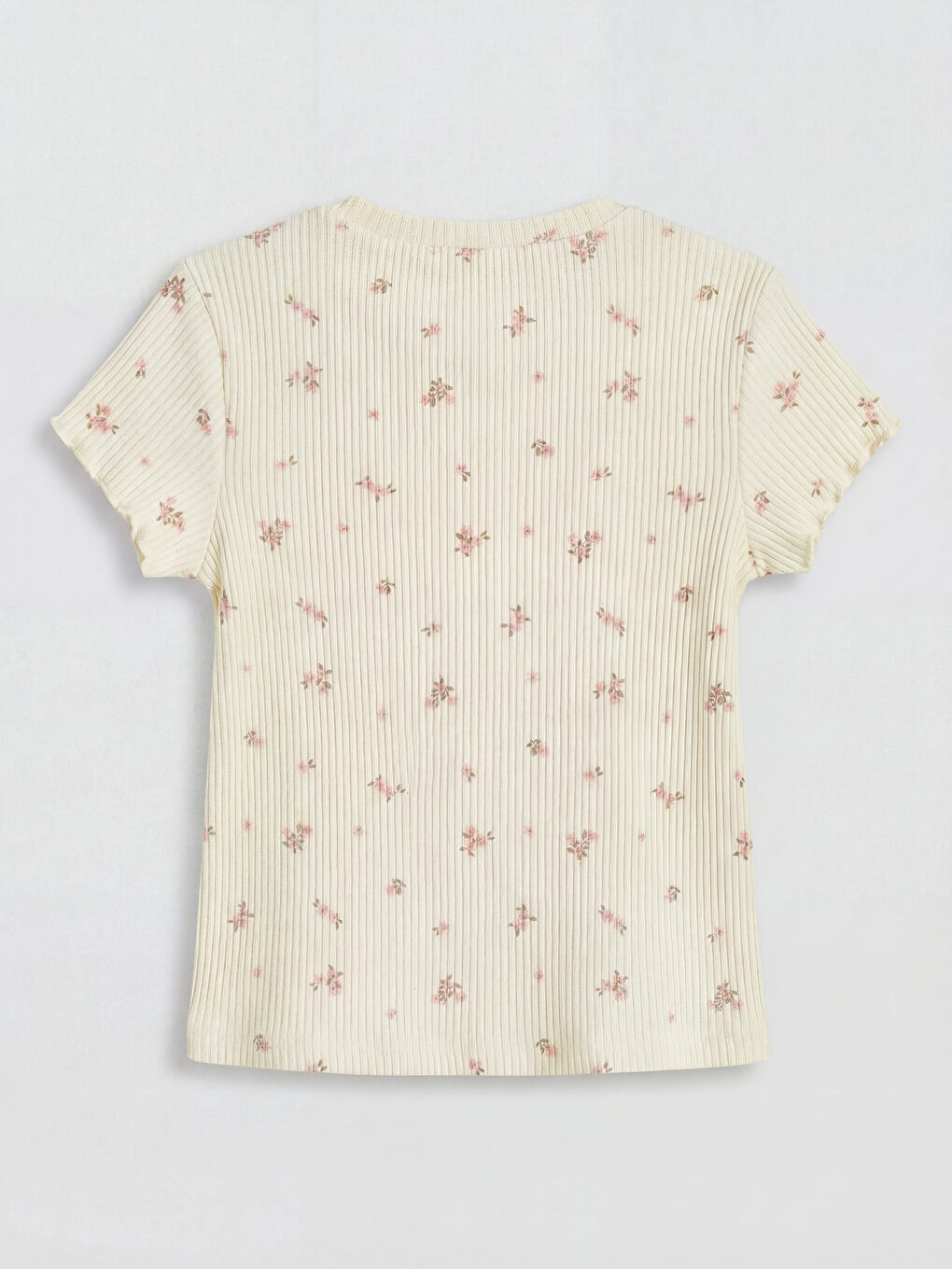 Ekru Bisiklet Yaka Çiçek Desenli Kız Bebek Tişört-1