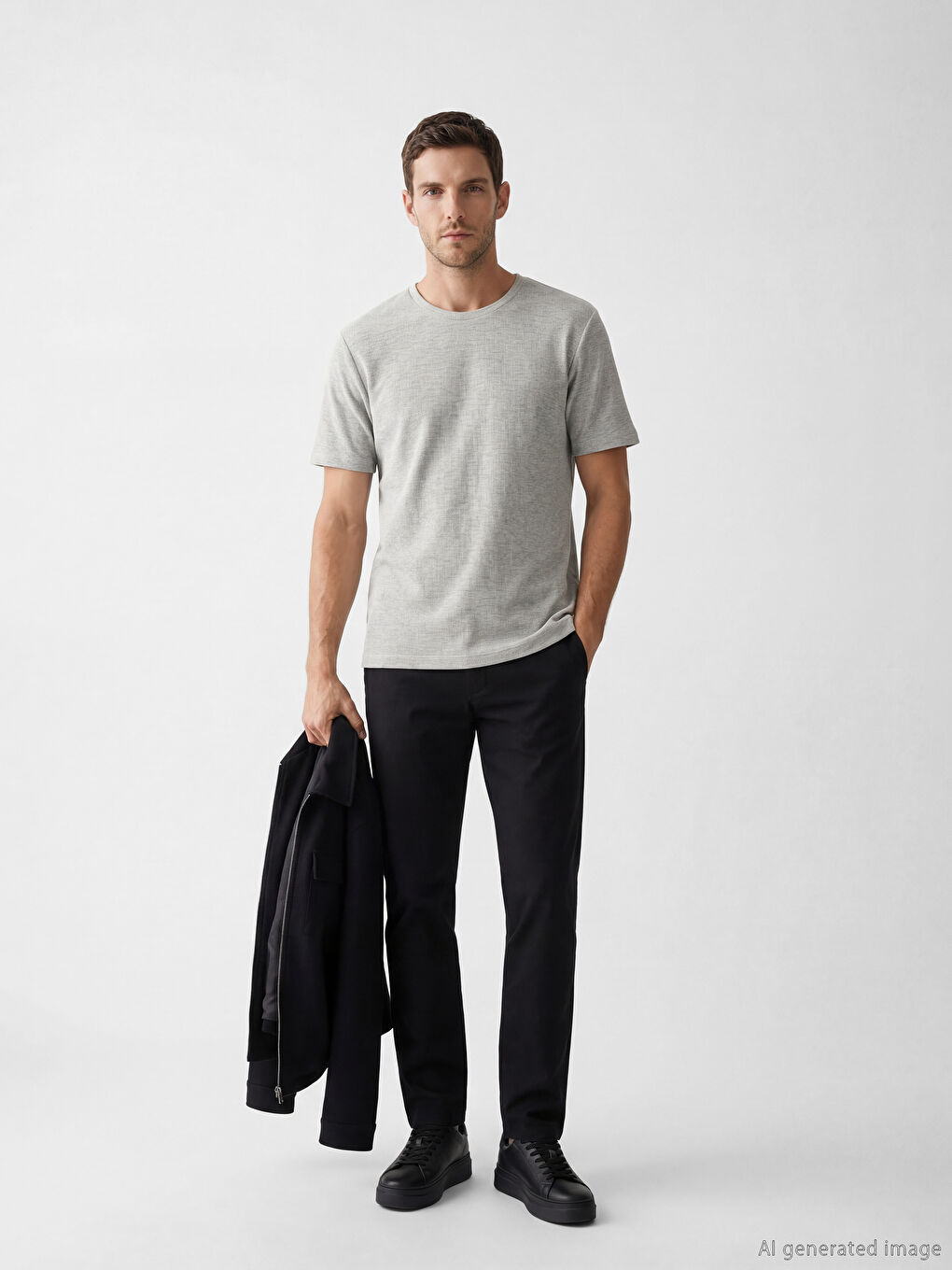 Gri Bisiklet Yaka Erkek Tişört-1