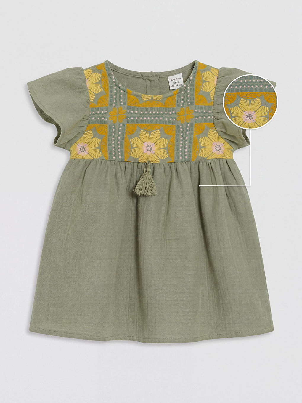 Yeşil Bisiklet Yaka Nakışlı Kız Bebek Müslin Elbise