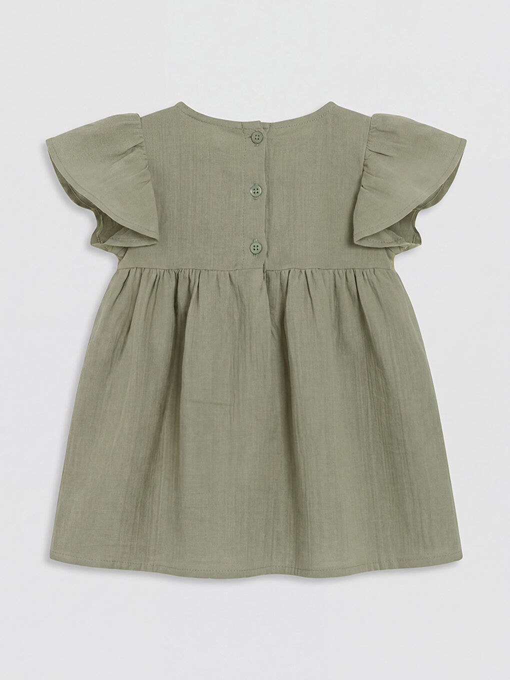 Yeşil Bisiklet Yaka Nakışlı Kız Bebek Müslin Elbise-1