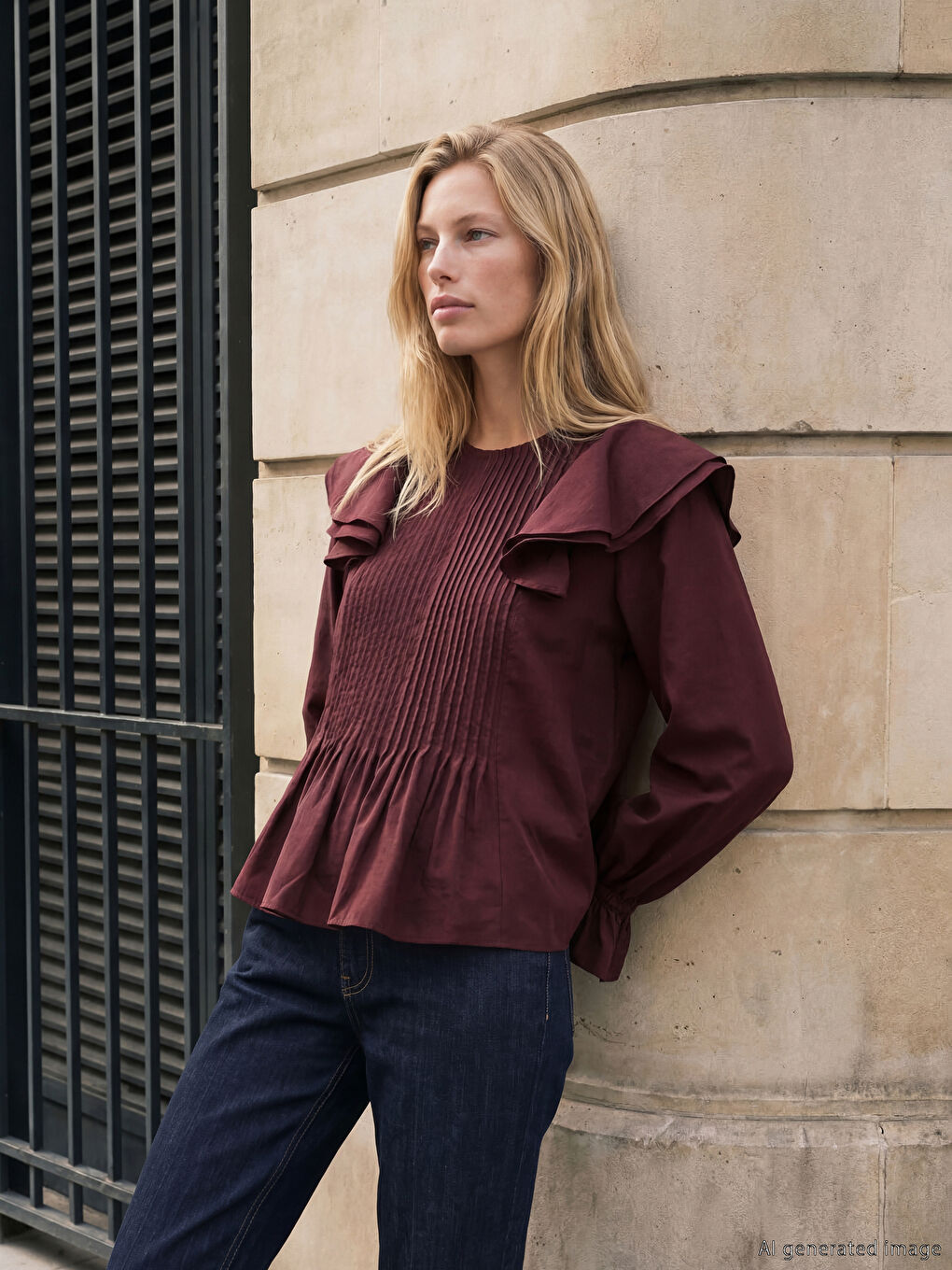 Bordo Bisiklet Yaka Fırfırlı Bluz-1