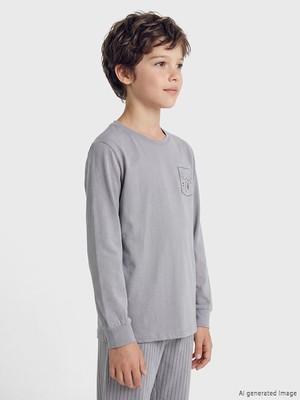 Gri Bisiklet Yaka Baskılı Erkek Çocuk Pijama Takım-1