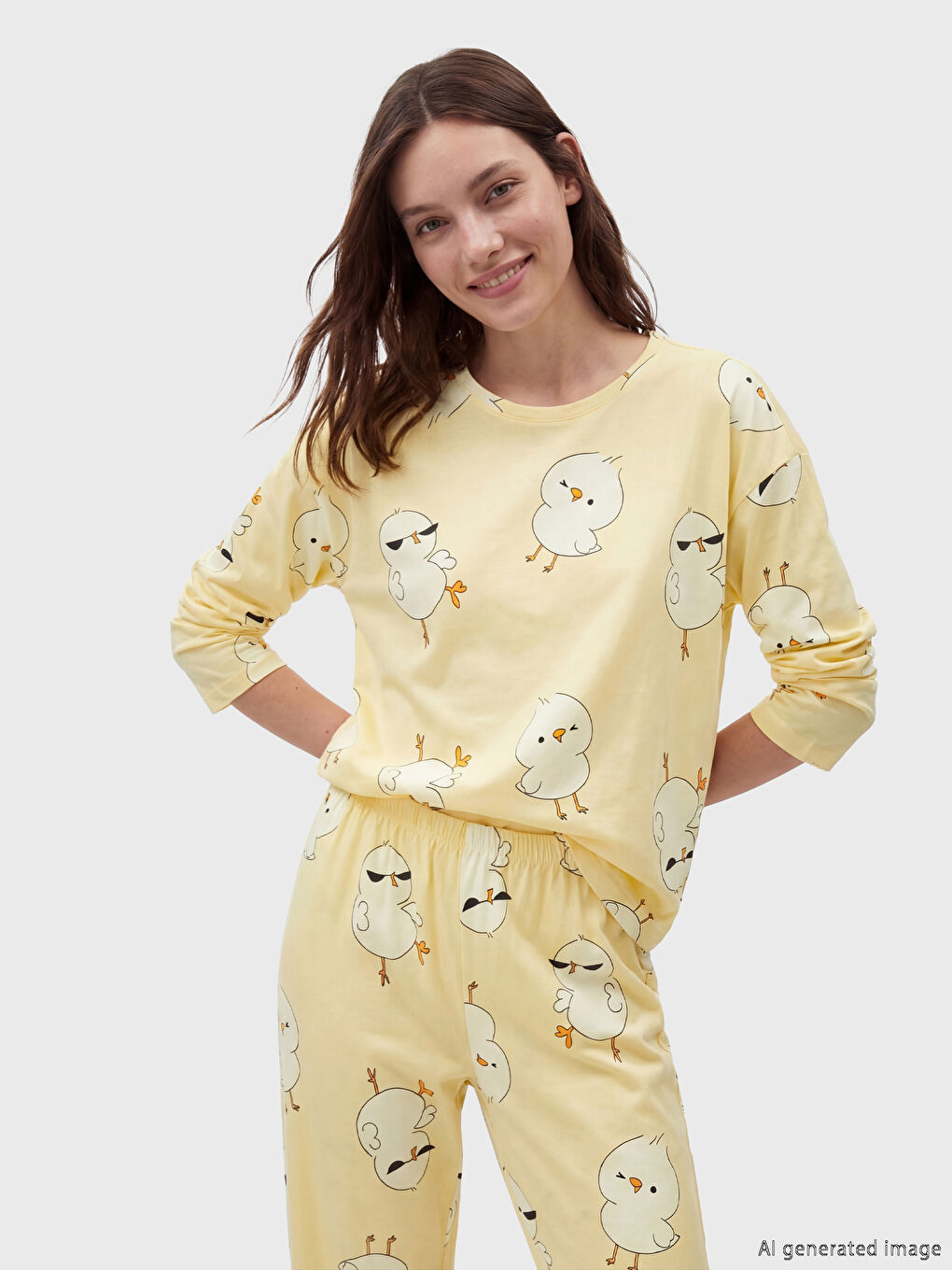 Sarı Civciv Baskılı Kadın Pijama Takımı-1