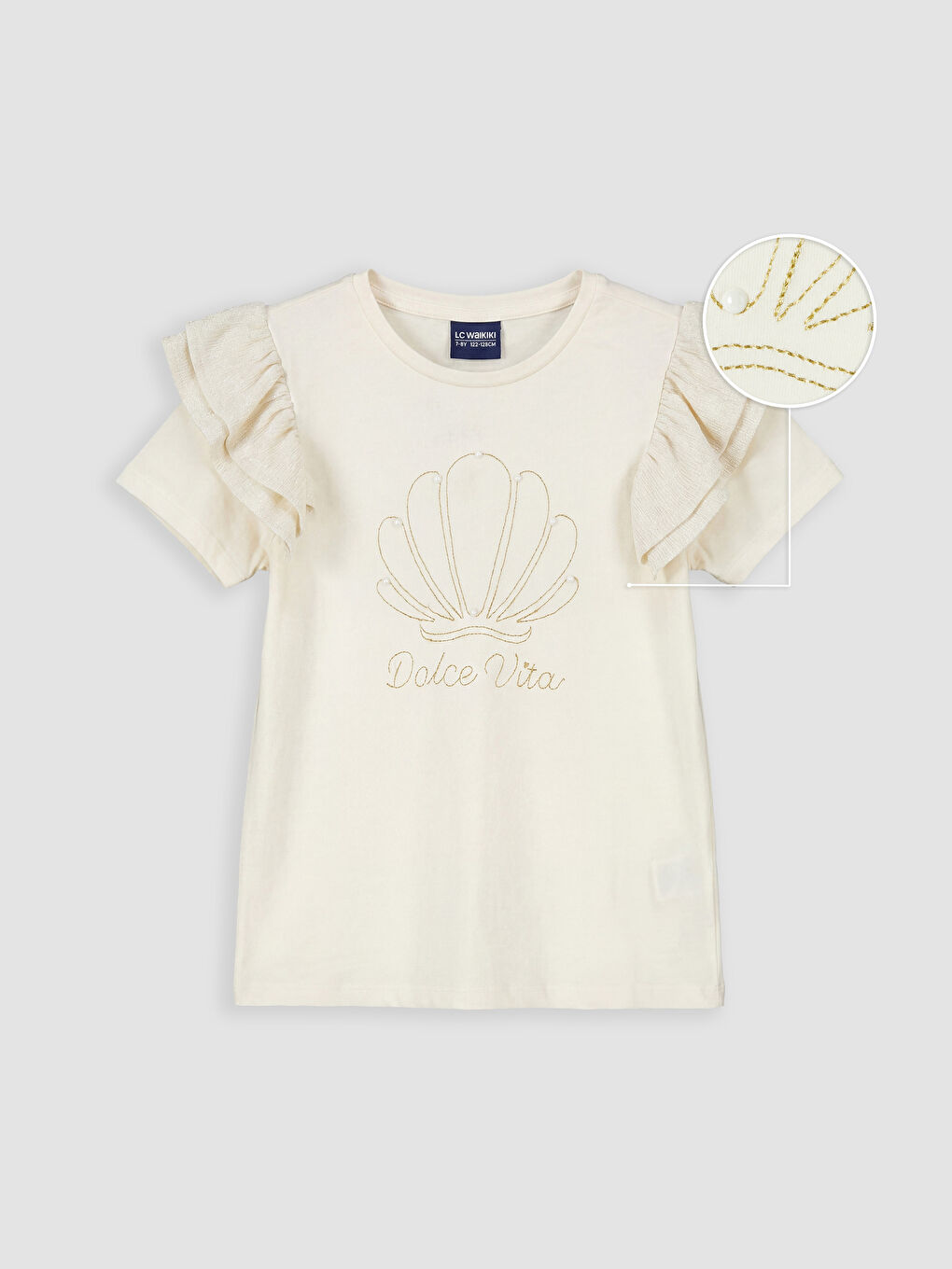 Ekru Bisiklet Yaka Boncuklu Kız Çocuk Tişört