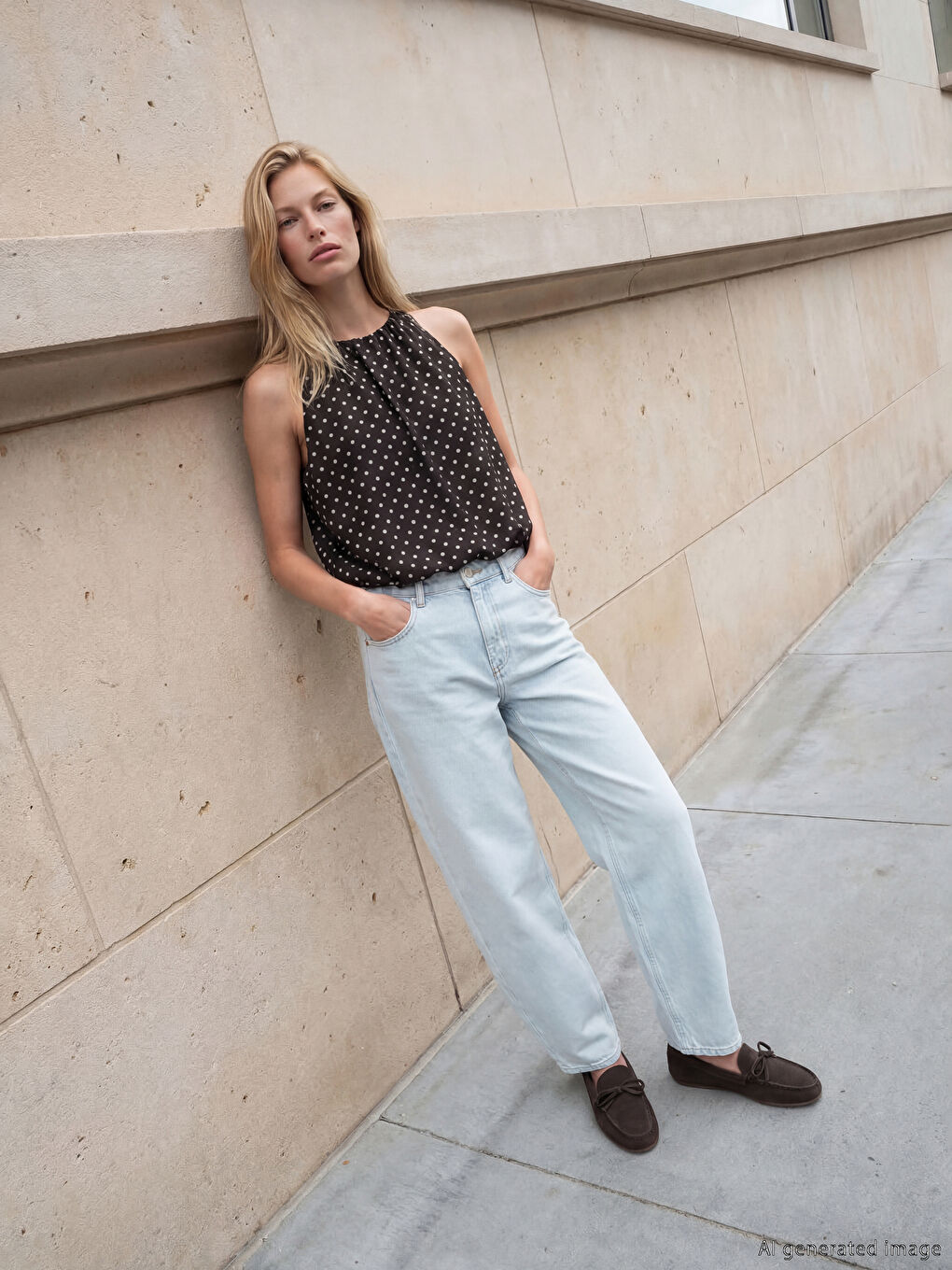 Kahverengi Bisiklet Yaka Puantiyeli Bluz-1