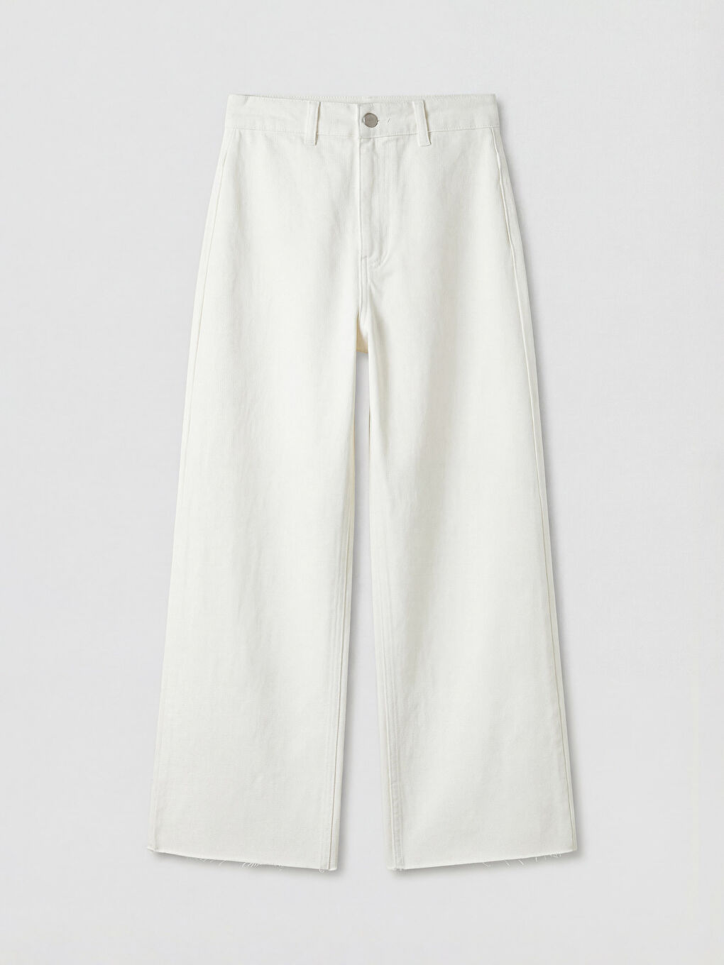 Ekru Yüksek Bel Wideleg Kadın Jean Pantolon-4