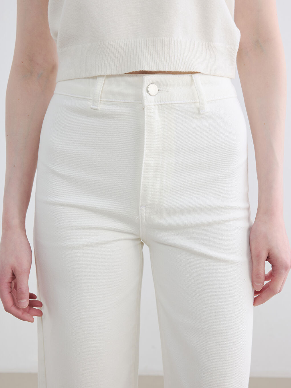 Ekru Yüksek Bel Wideleg Kadın Jean Pantolon-2