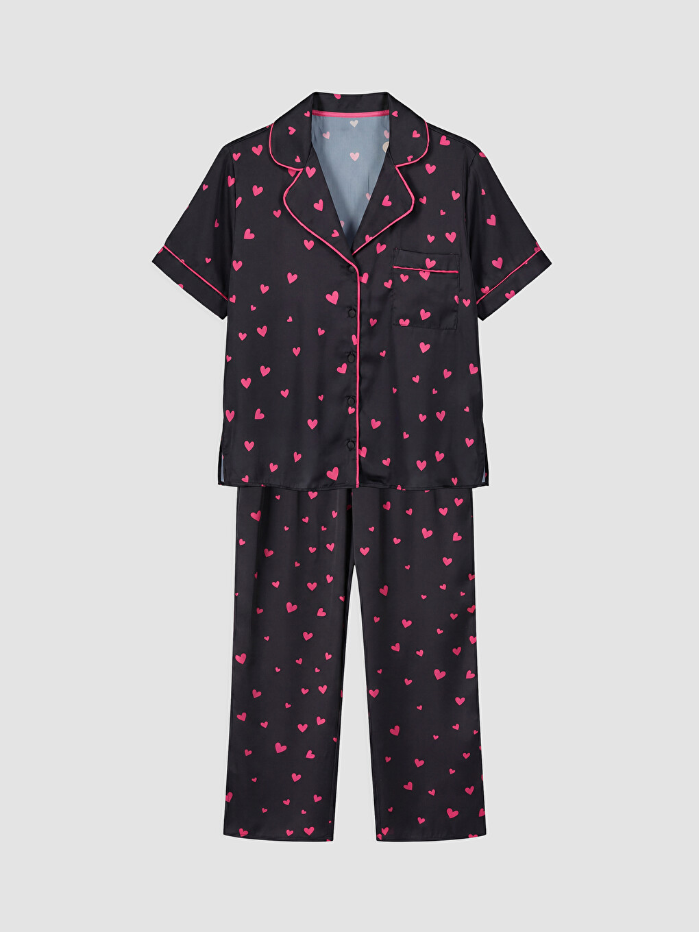 Siyah Gömlek Yaka Saten Kadın Pijama Takım-4