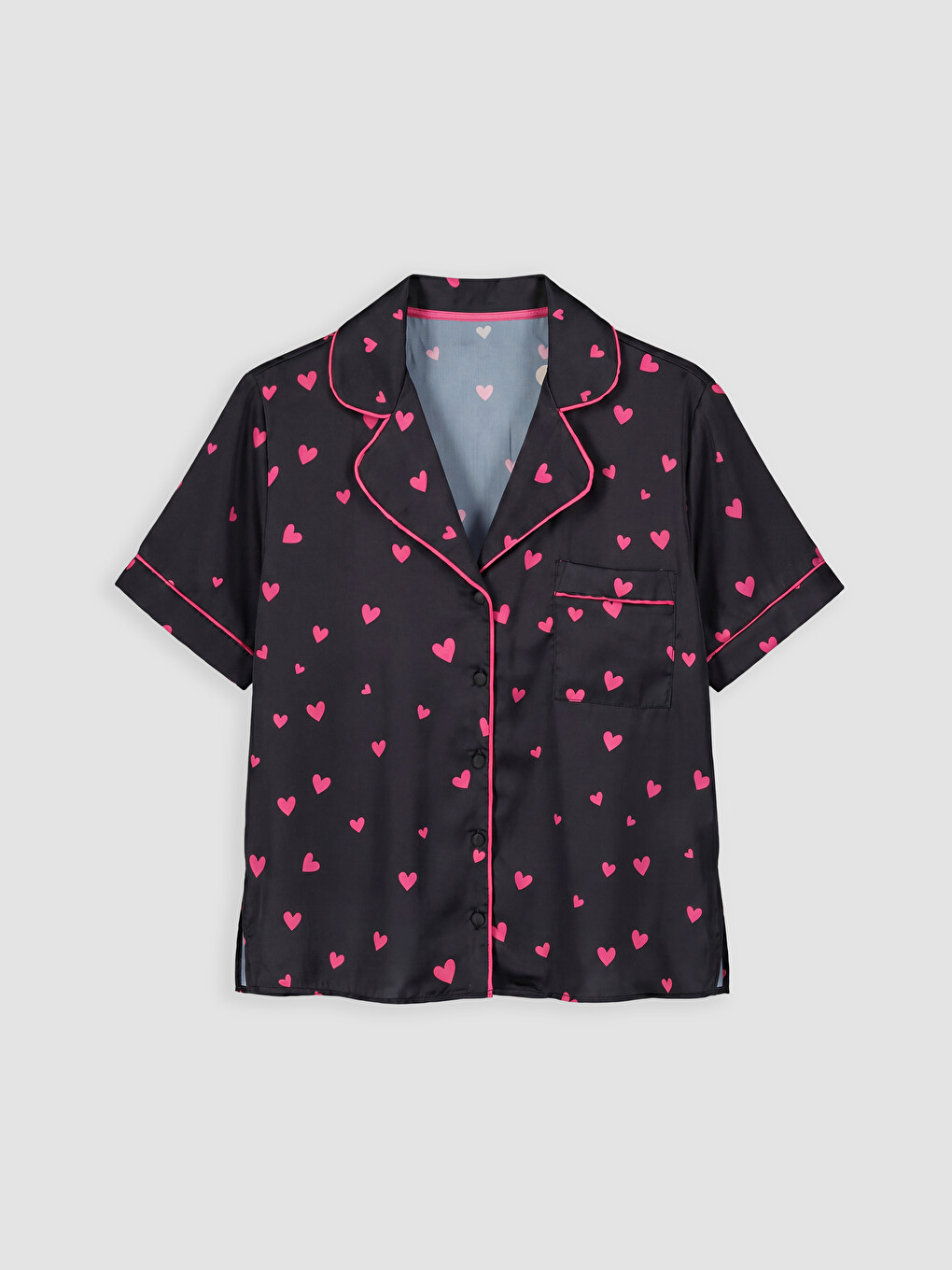 Siyah Gömlek Yaka Saten Kadın Pijama Takım-5