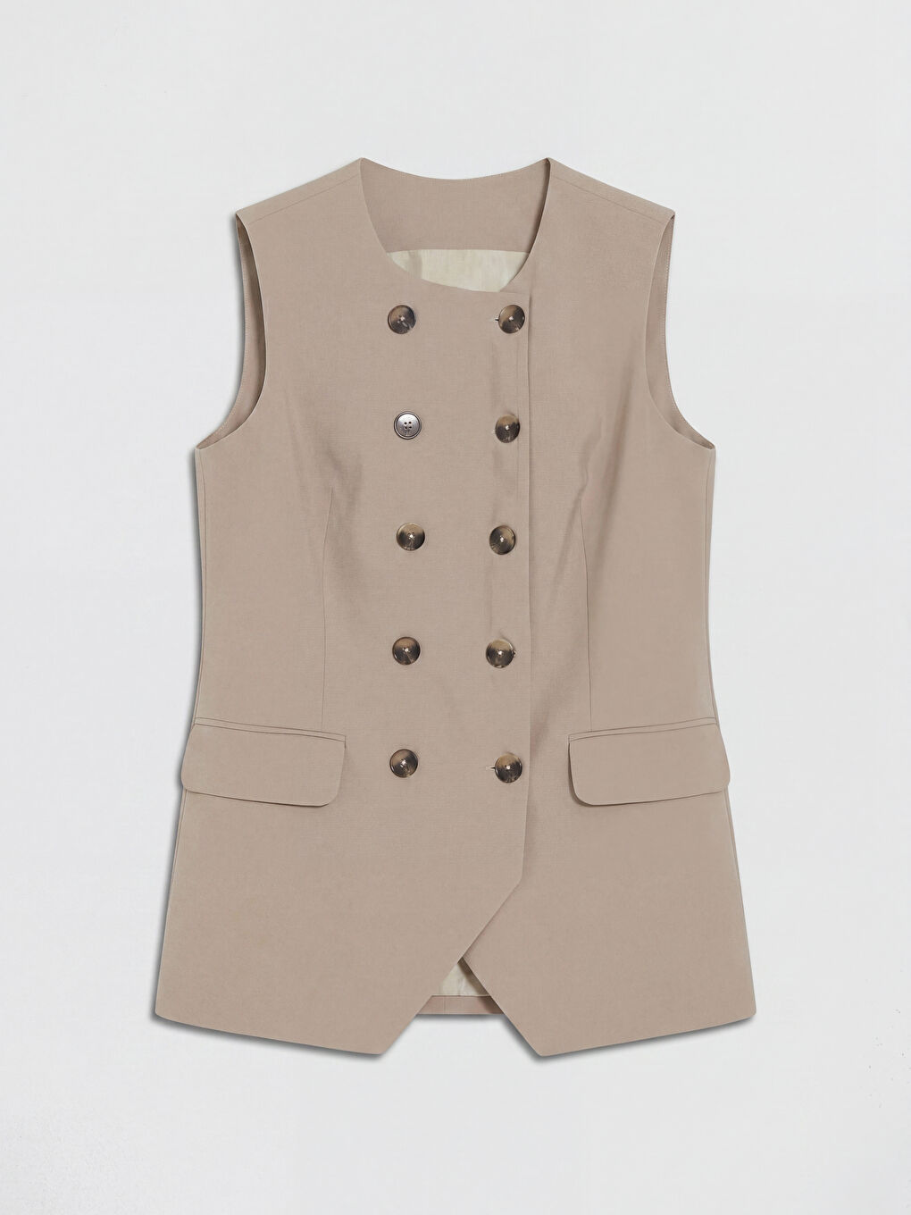 Bej Bisiklet Yaka Kadın Klasik Yelek-5