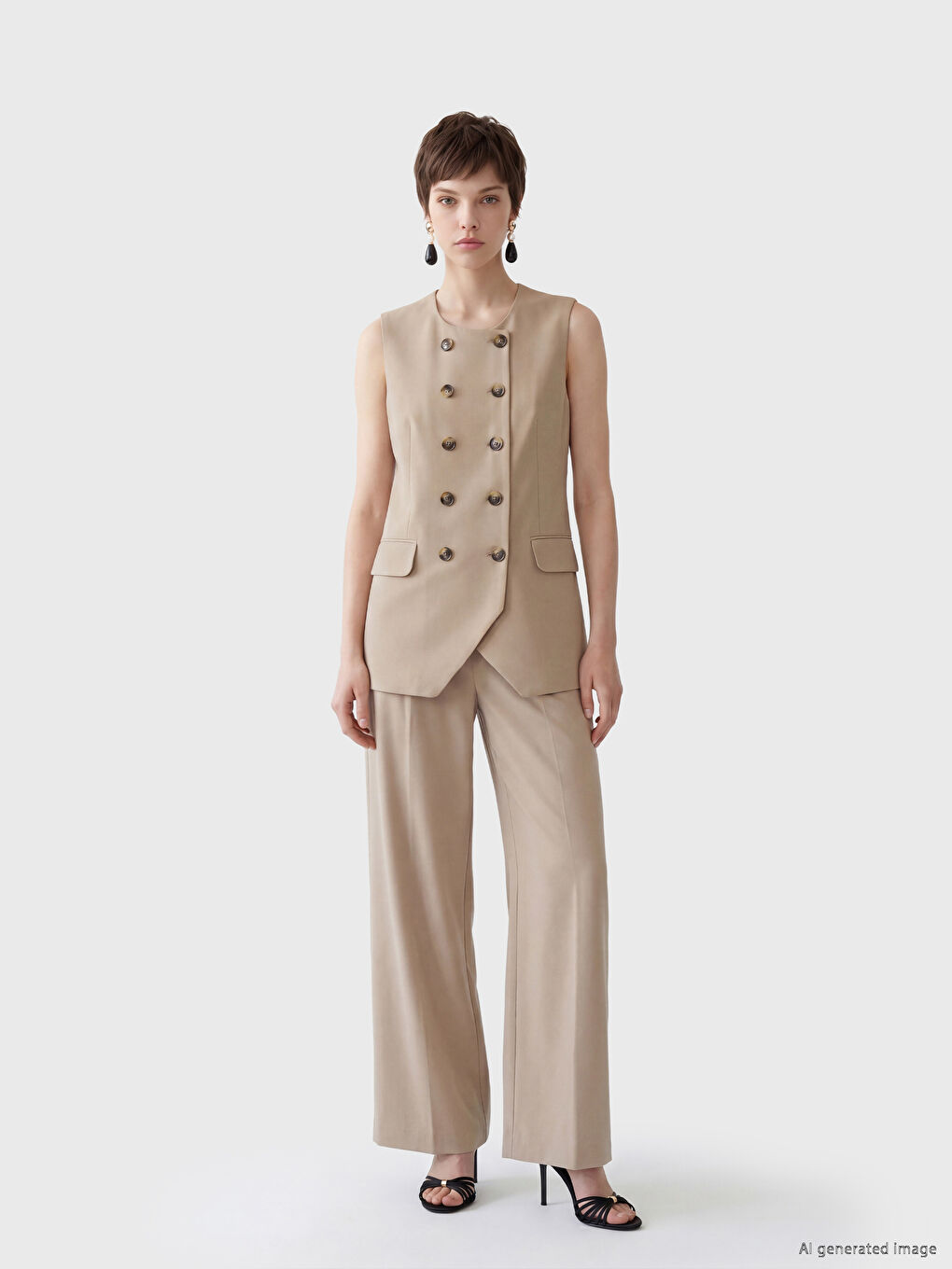 Bej Bisiklet Yaka Kadın Klasik Yelek-2