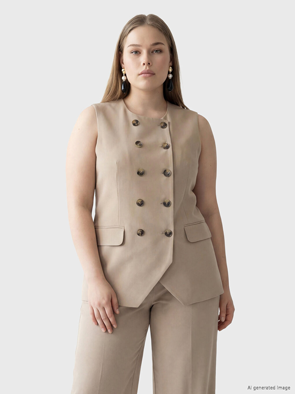 Bej Bisiklet Yaka Kadın Klasik Yelek-1