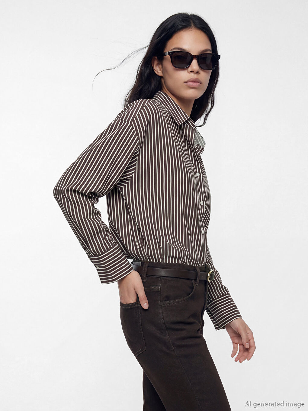 Kahverengi Çizgili Oversize Poplin Kadın Gömlek