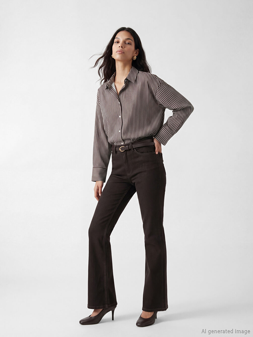 Kahverengi Çizgili Oversize Poplin Kadın Gömlek-1