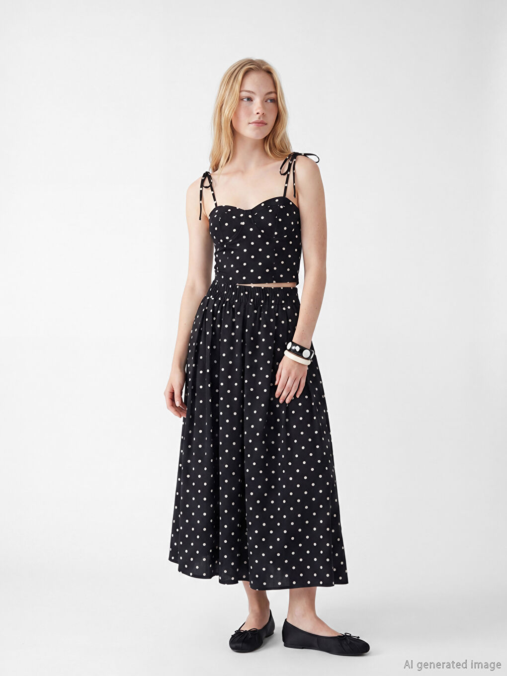 Elastic Waist Polka Dot Poplin Pleated Skirt-1