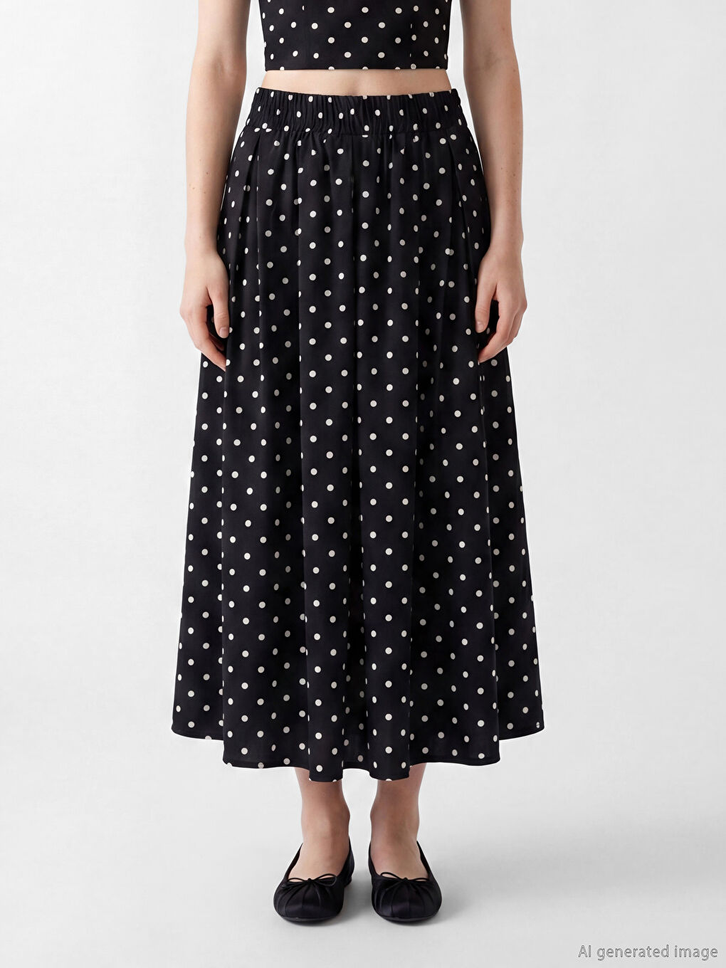 Elastic Waist Polka Dot Poplin Pleated Skirt-2