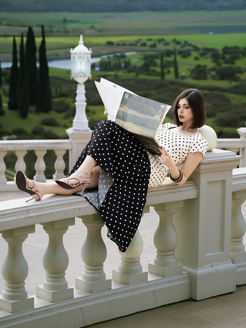 Elastic Waist Polka Dot Poplin Pleated Skirt