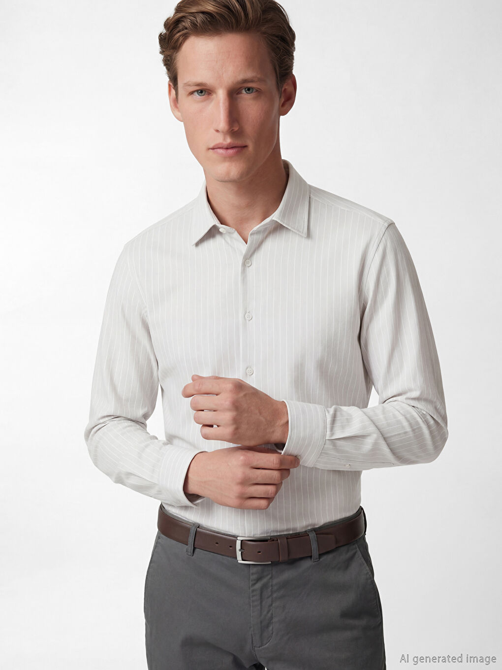 Bej Slim Fit Çizgili Erkek Gömlek