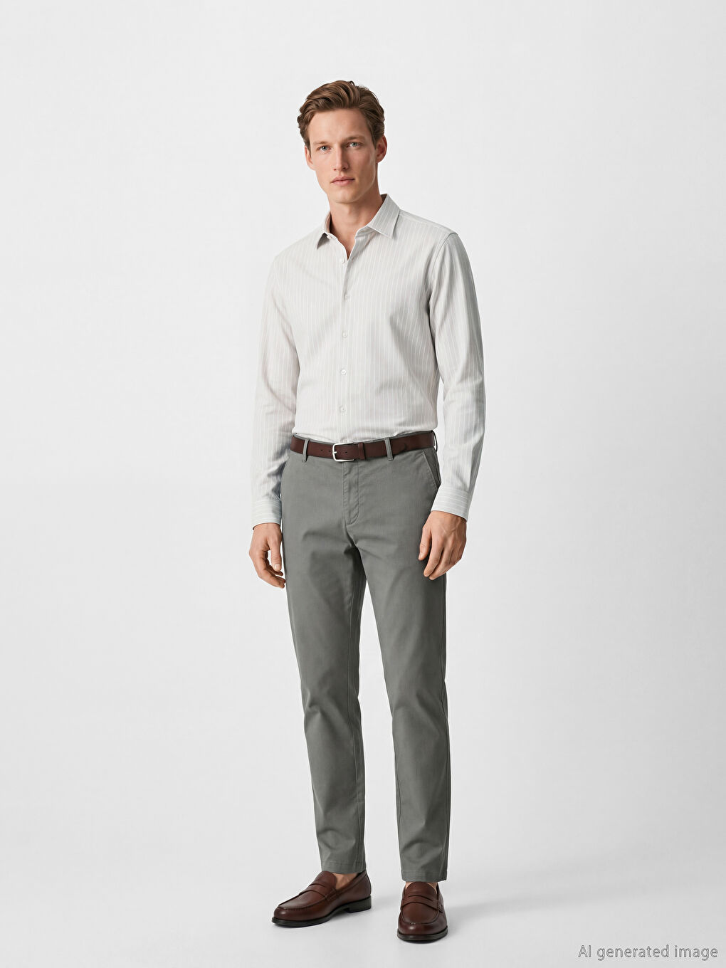 Bej Slim Fit Çizgili Erkek Gömlek-1