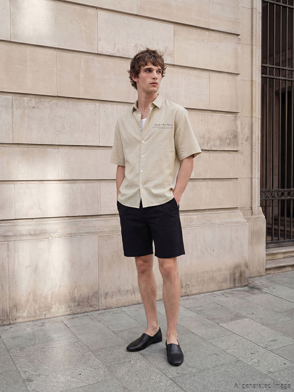 Bej Loose Fit Baskılı Erkek Gömlek-1