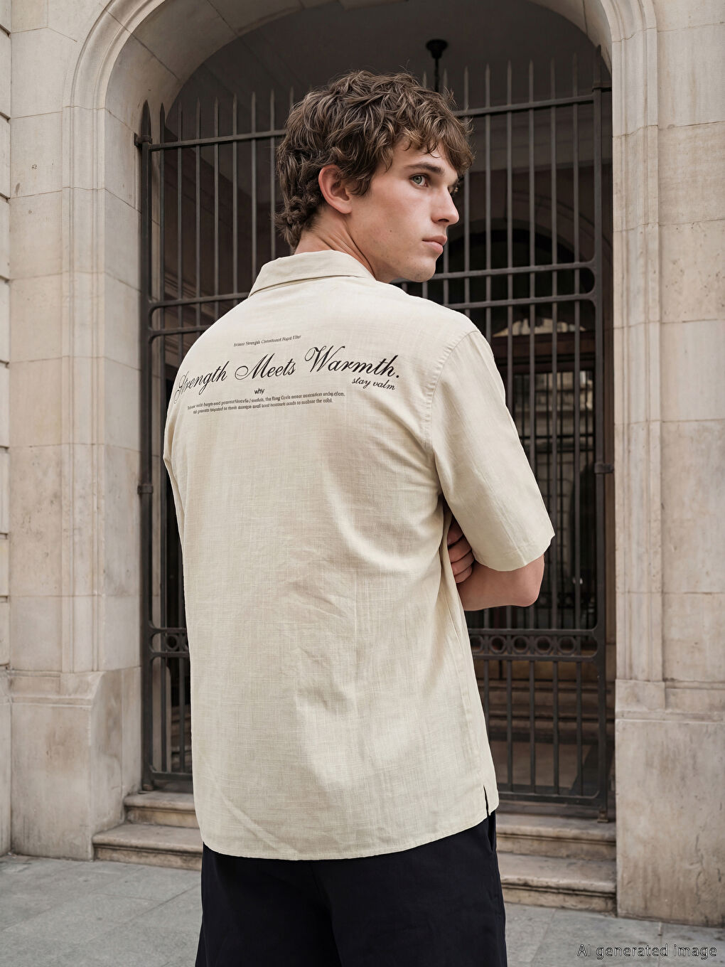 Bej Loose Fit Baskılı Erkek Gömlek-3