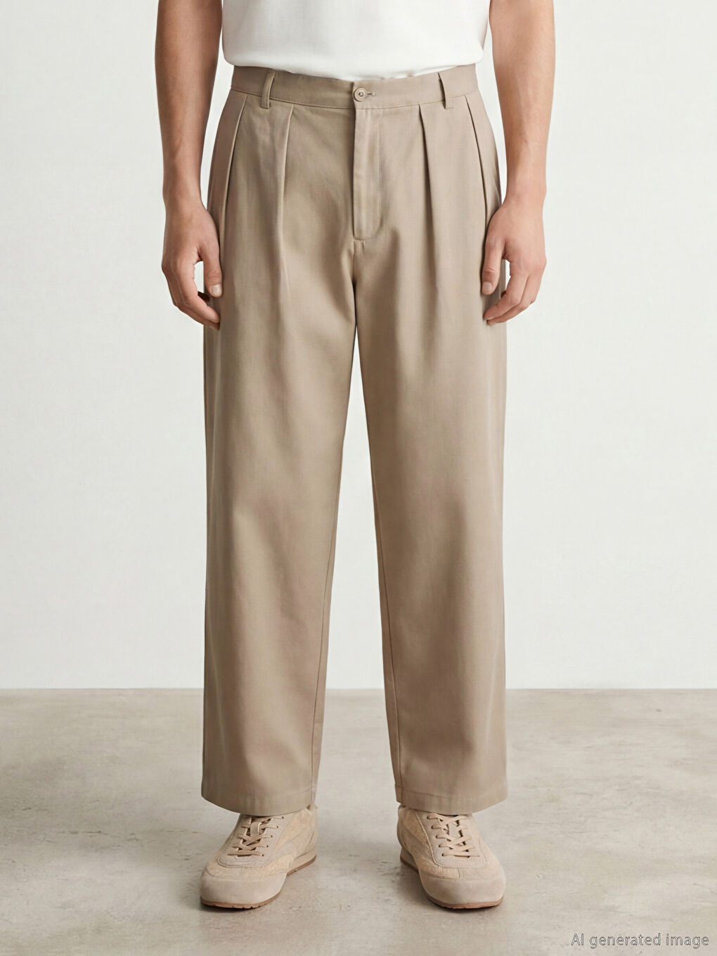 Bej Rahat Kalıp Erkek Pileli Pantolon-1