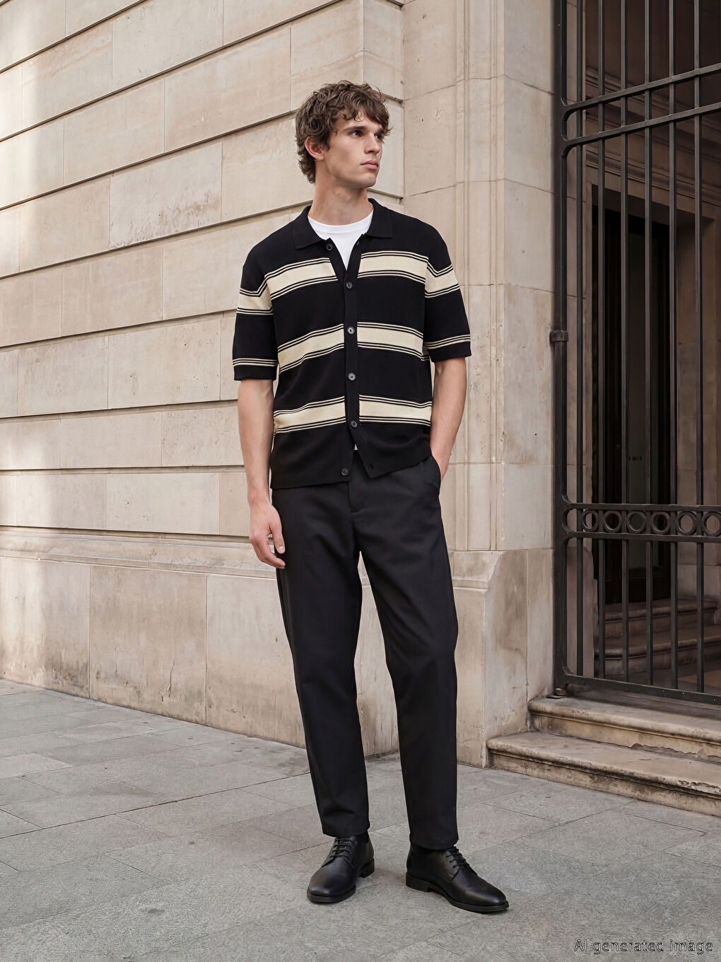 Siyah Rahat Kalıp Çizgili Erkek Triko Hırka-1