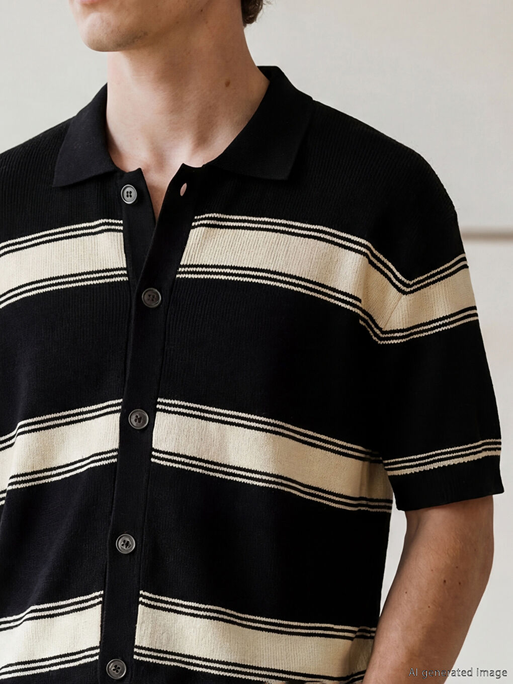 Siyah Rahat Kalıp Çizgili Erkek Triko Hırka-2