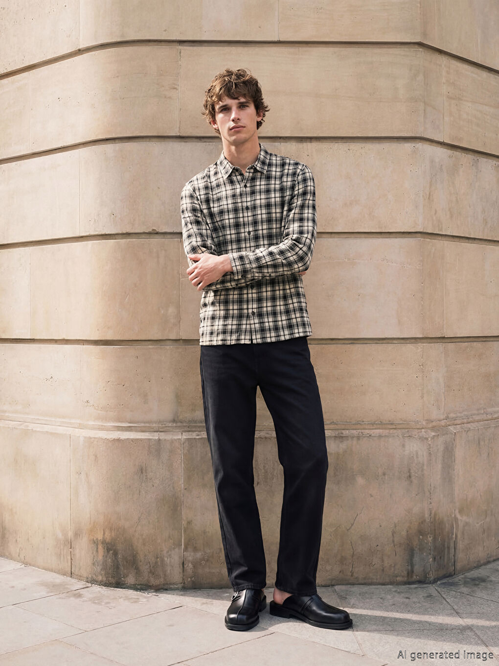 Bej Regular Fit Ekose Erkek Gömlek-1