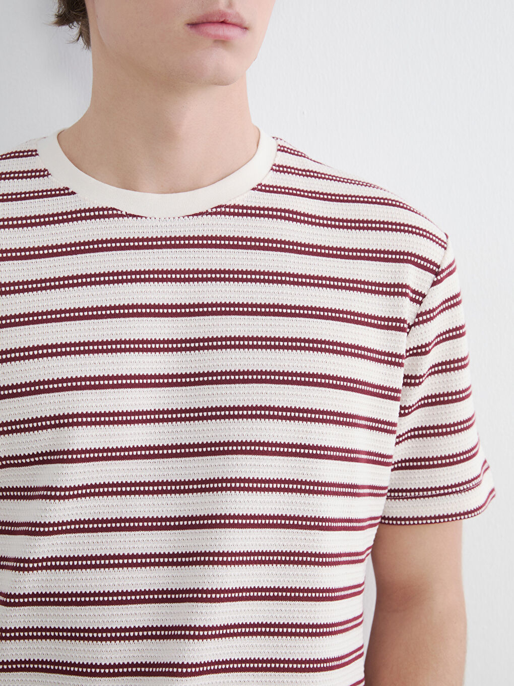 Ekru  Bisiklet Yaka Çizgili Triko Erkek Tişört-2