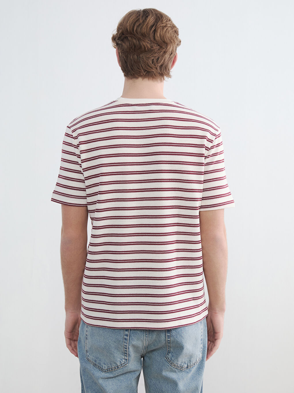 Ekru  Bisiklet Yaka Çizgili Triko Erkek Tişört-3