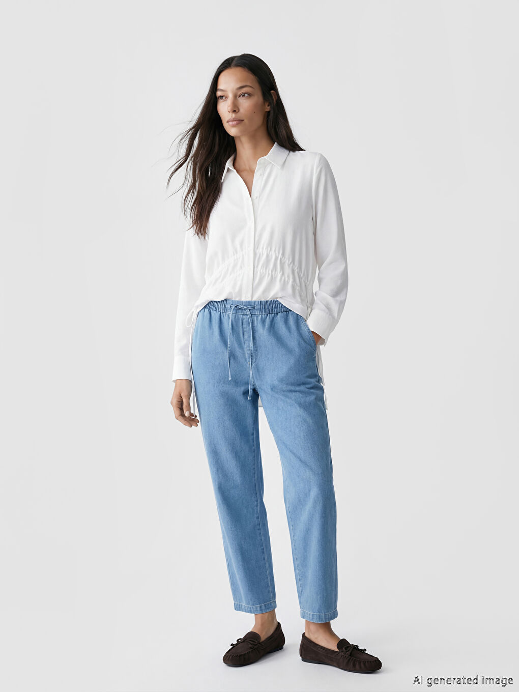 İndigo Beli Lastikli Mom Fit Kadın Jean Pantolon