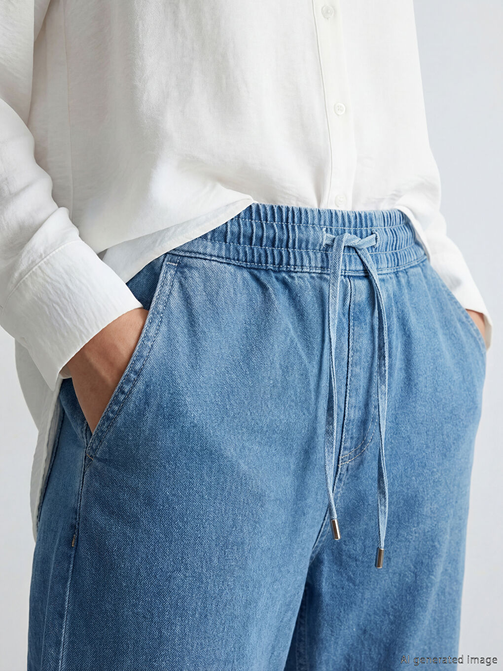 İndigo Beli Lastikli Mom Fit Kadın Jean Pantolon-2